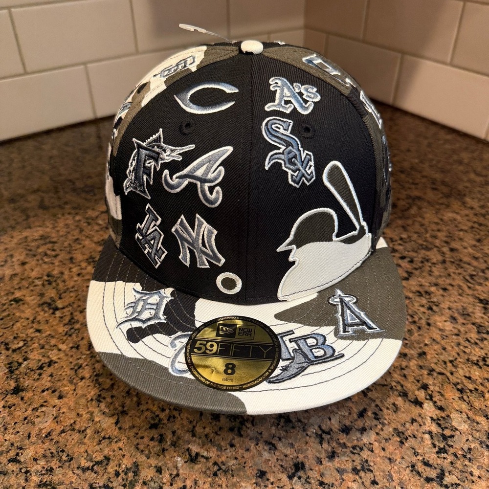MLB All Over Team Logos Hat New Era 59FIFTY Fitted 8 Black Gray Camo New